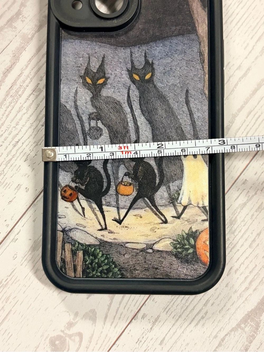 Retro vintage look Halloween Cat & Ghost iPhone Case - Black Frame